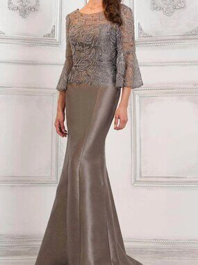 NWT Rina di Montella RD2939 Illusion Sleeve Mermaid Formal Dress Gunmetal size16